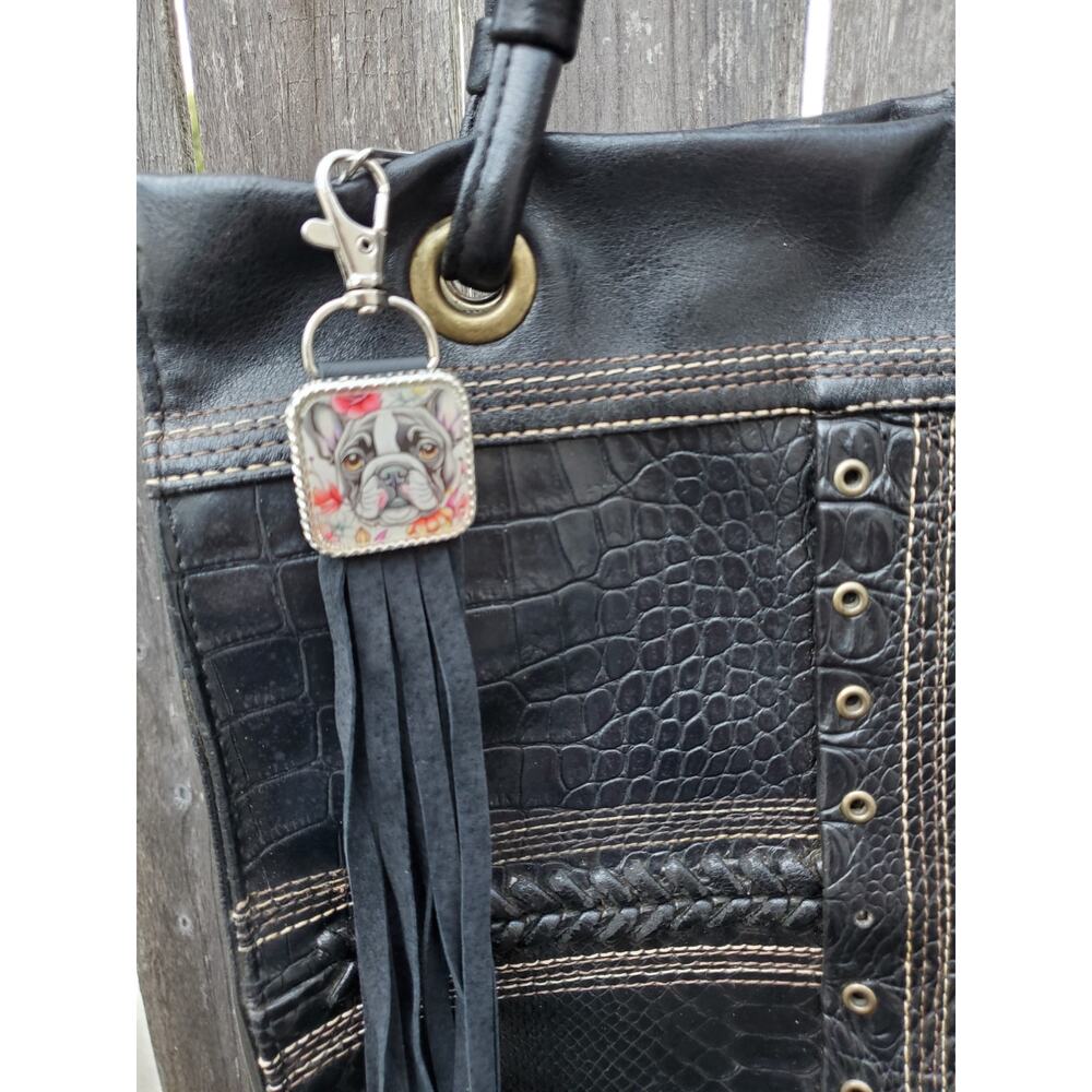 Handmade boho French bulldog Leather Fringe Western bag charm, Long keychain
